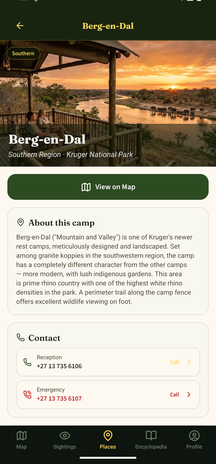 Berg-en-Dal camp page in VeldGuide showing summer and winter gate times