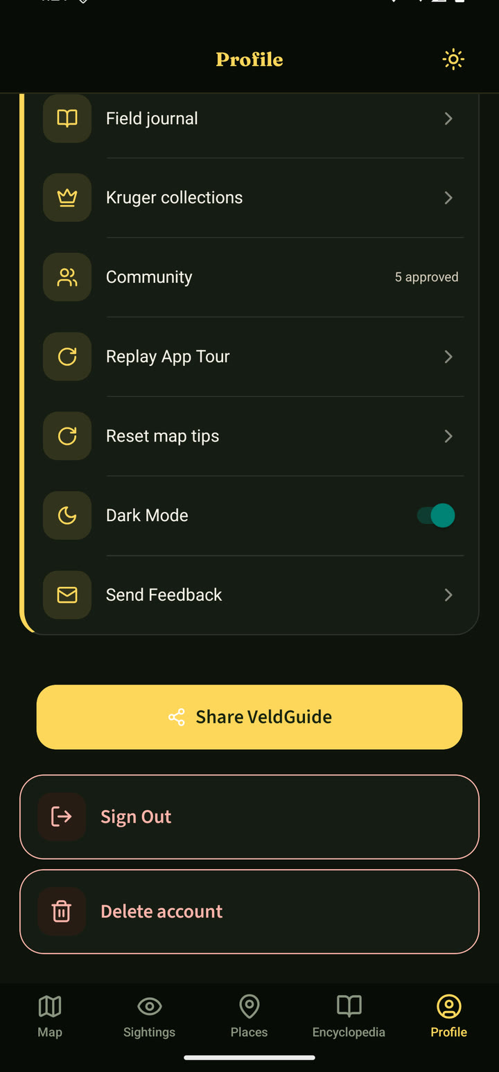 VeldGuide profile screen in dark mode